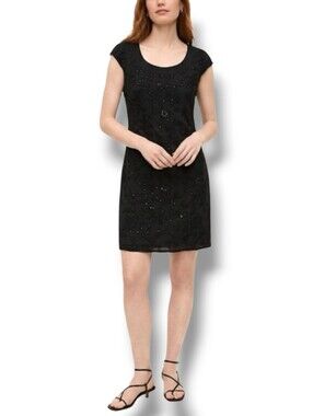 LINA TOMEI Black Sequin Embroidered Linen Made In Italy Pull-On Dress